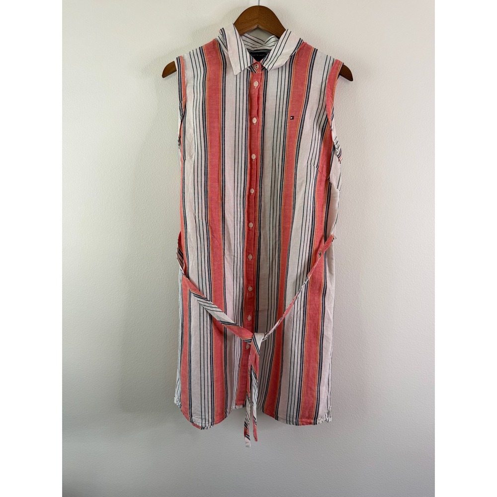 Tommy Hilfiger Womens Pink Striped Linen Cotton Sleeveless Belted Shirt Dress 10 - Picture 2 of 8